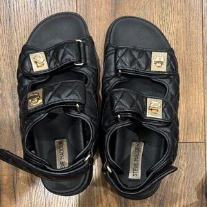 Steve Madden Black Quilted Sandals with Gold Buckles